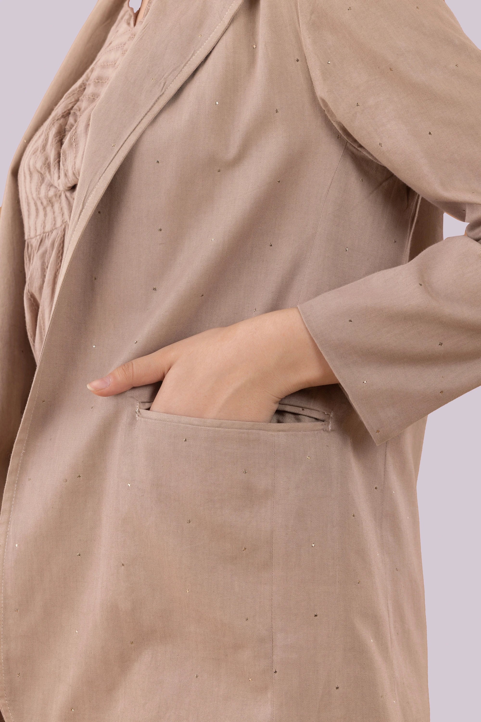Beige Mukaish Blazer,  Pants And Textured Cotton Camisole Co-Ord Set