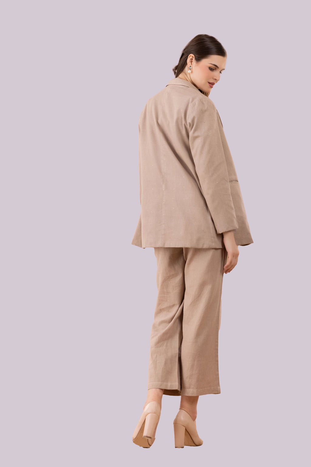 Beige Mukaish Blazer,  Pants And Textured Cotton Camisole Co-Ord Set