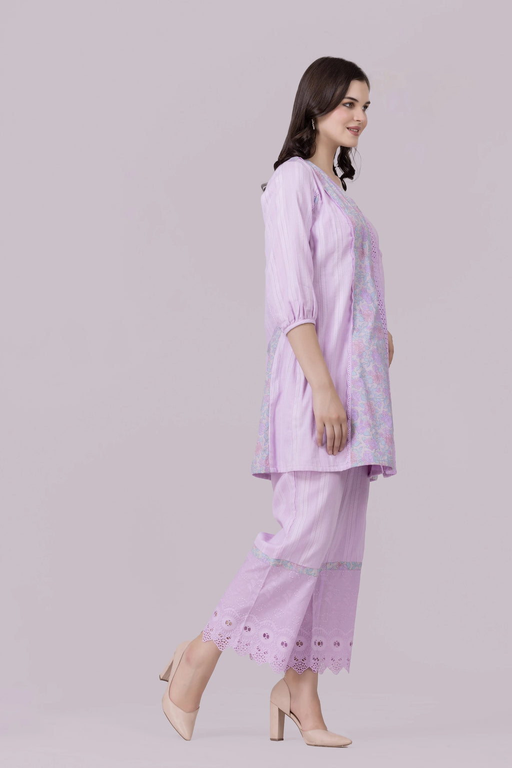 Lilac/Blossom Print & Lace Tunic And Pant Co-Ord Set