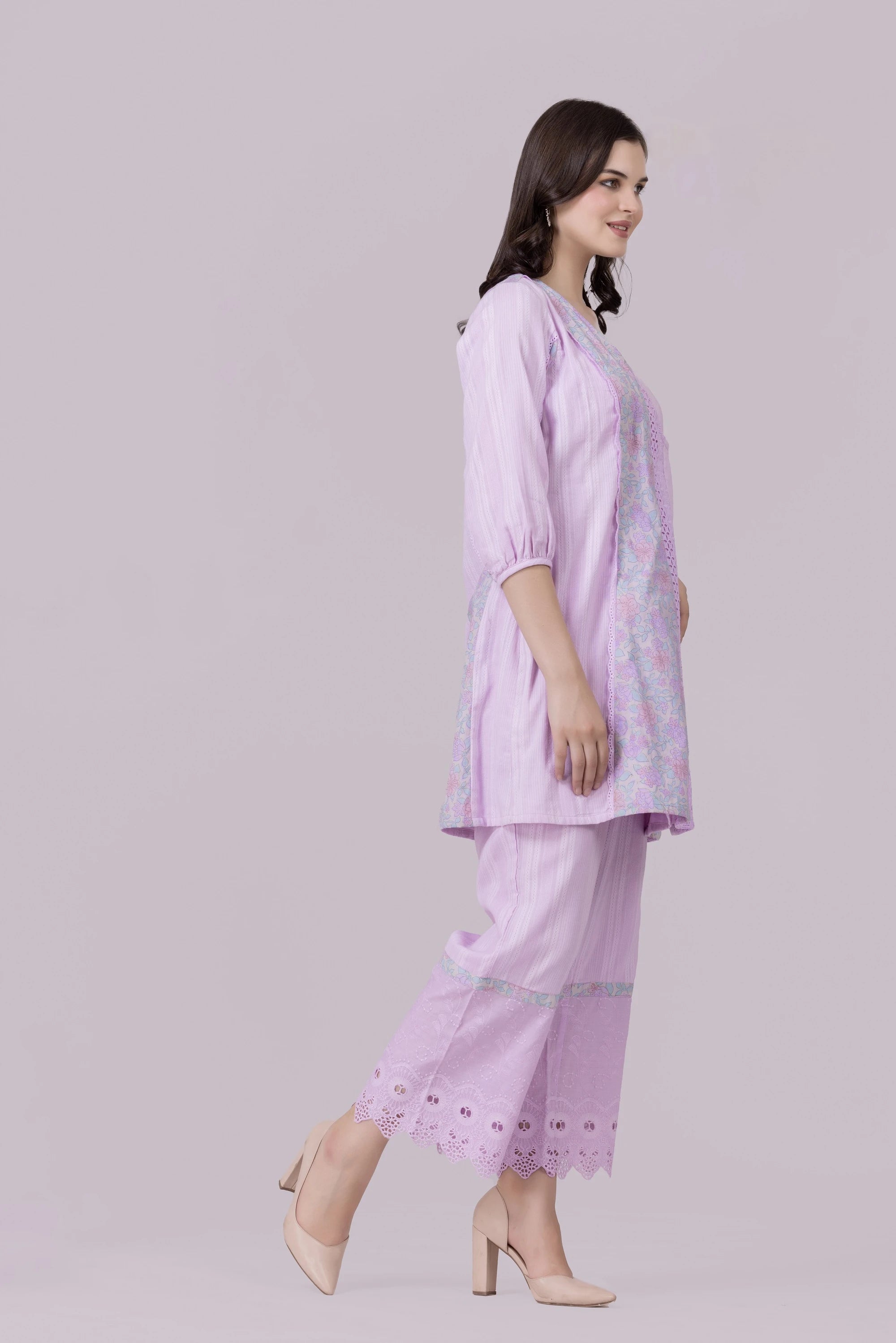 Lilac/Blossom Print & Lace Tunic And Pant Co-Ord Set