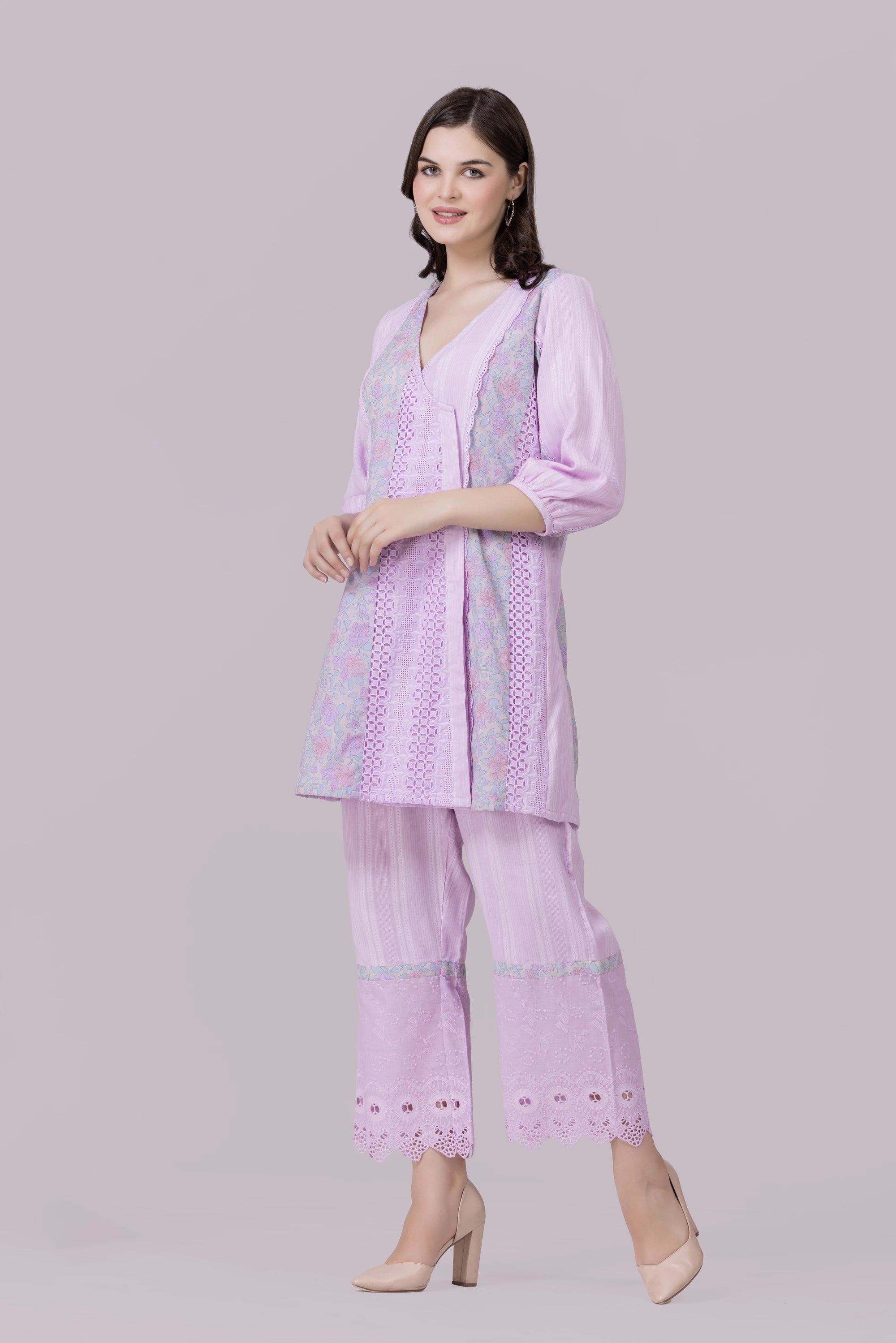 Lilac/Blossom Print & Lace Tunic And Pant Co-Ord Set