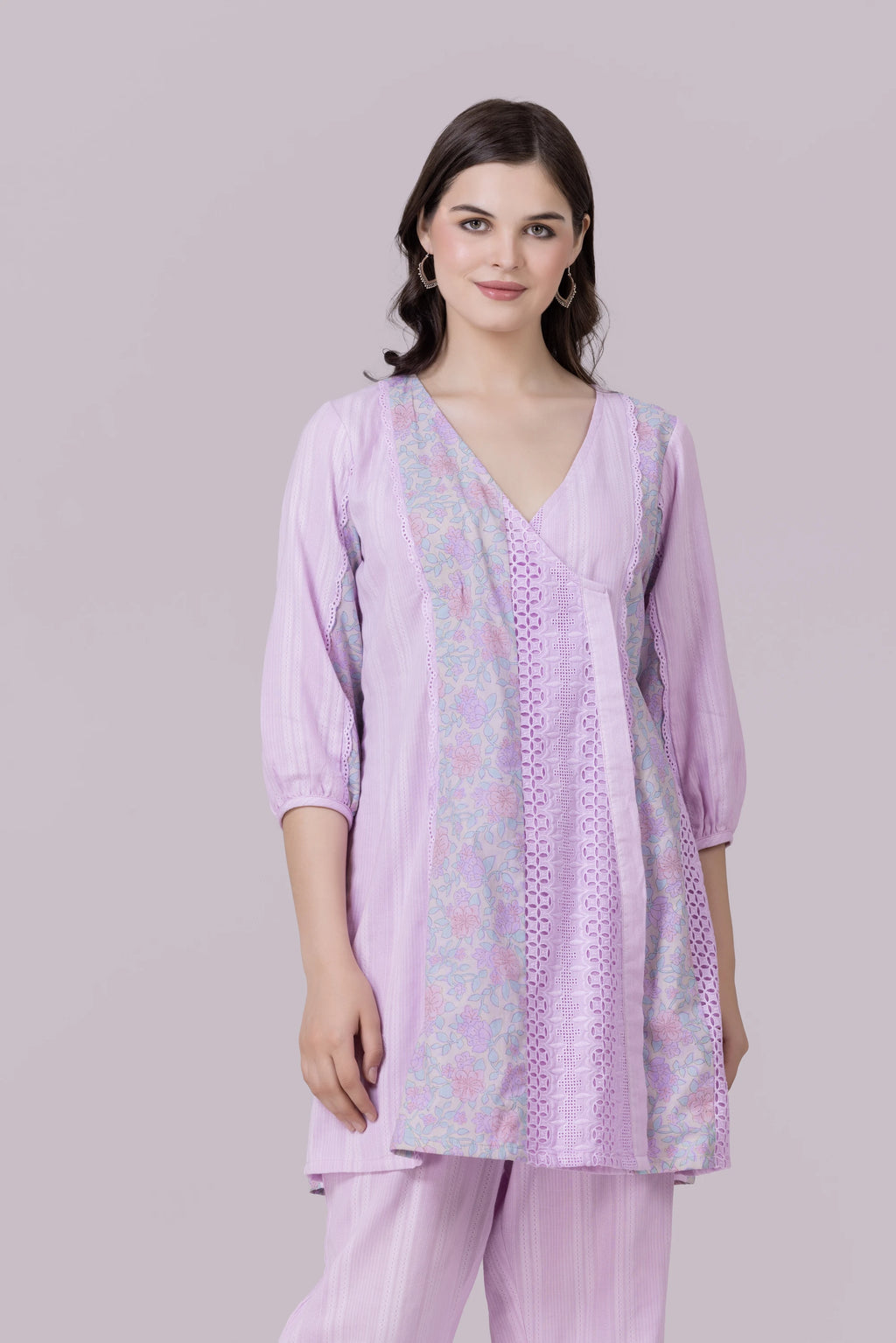 Lilac/Blossom Print & Lace Tunic And Pant Co-Ord Set