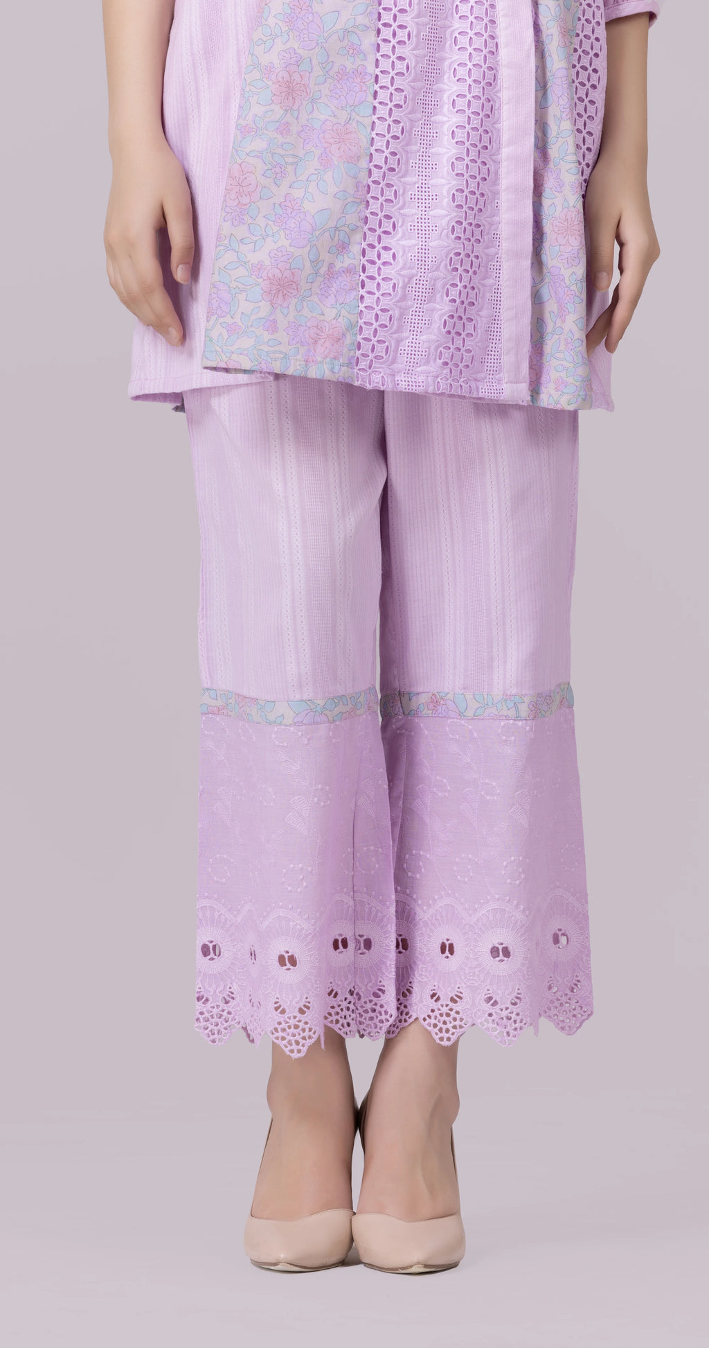 Lilac/Blossom Print & Lace Tunic And Pant Co-Ord Set