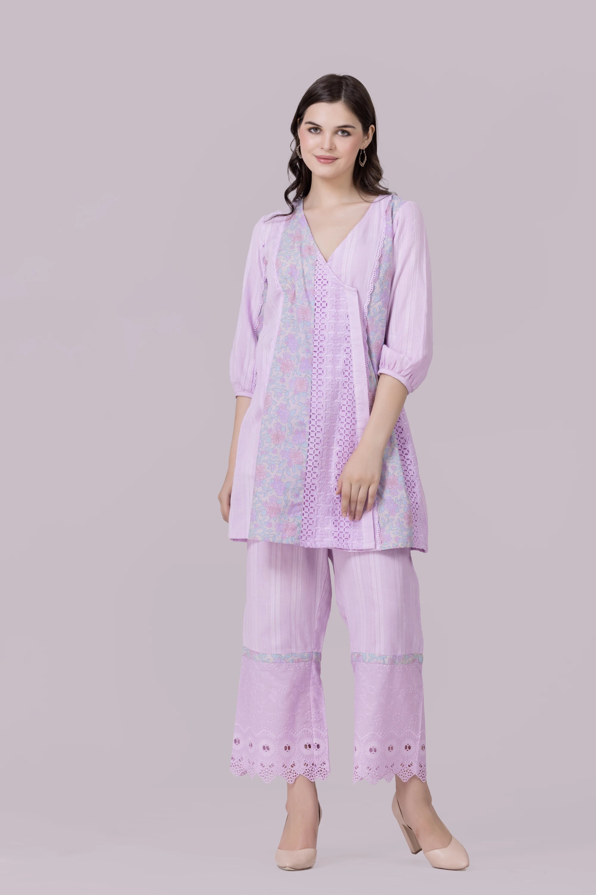 Lilac/Blossom Print & Lace Tunic And Pant Co-Ord Set