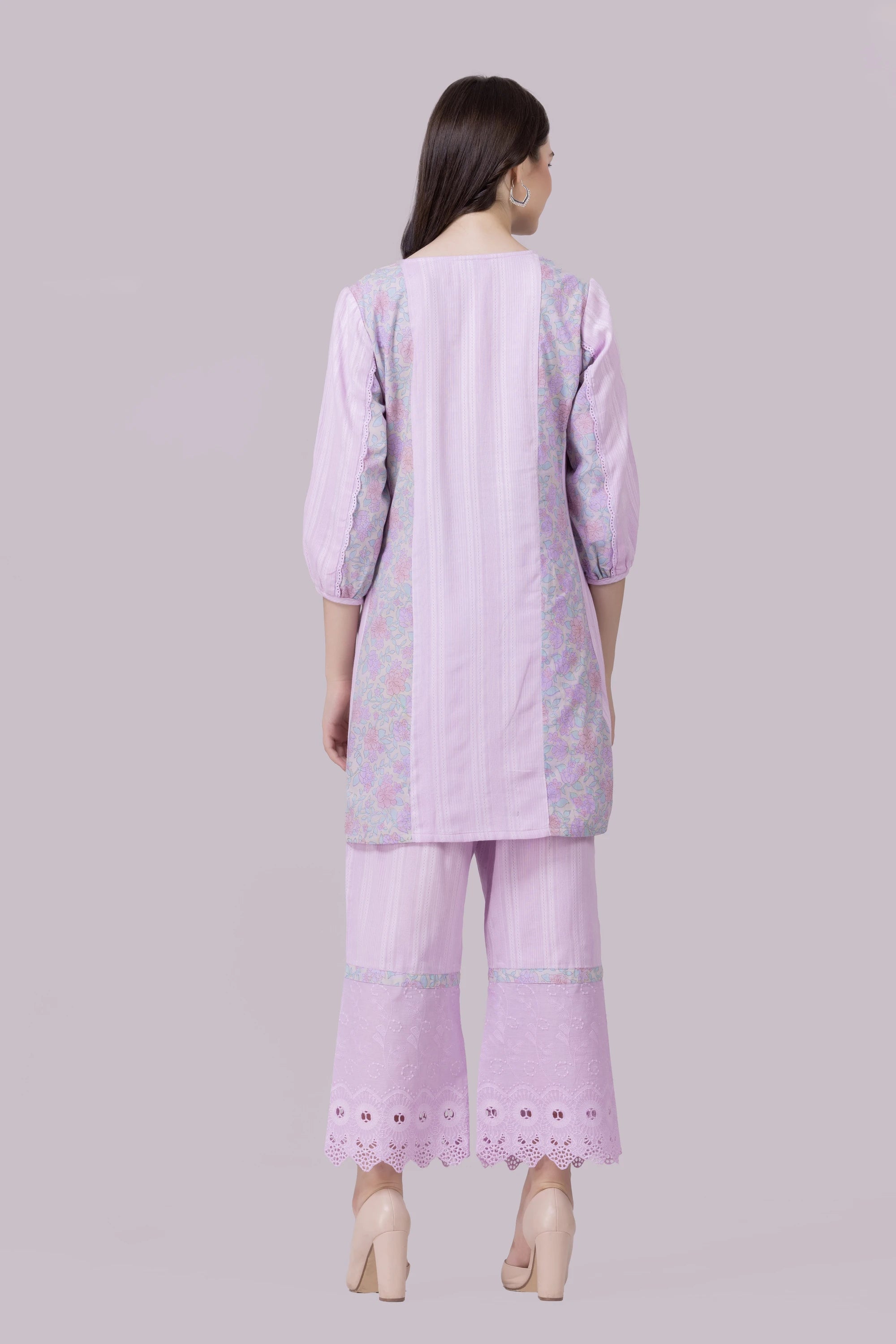Lilac/Blossom Print & Lace Tunic And Pant Co-Ord Set