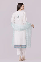 White-Whisper/Aqua Lotus Print & Cutwork Embroidered Silk Georgette-Organza Check Kurta, Palazzo And Dupatta Set