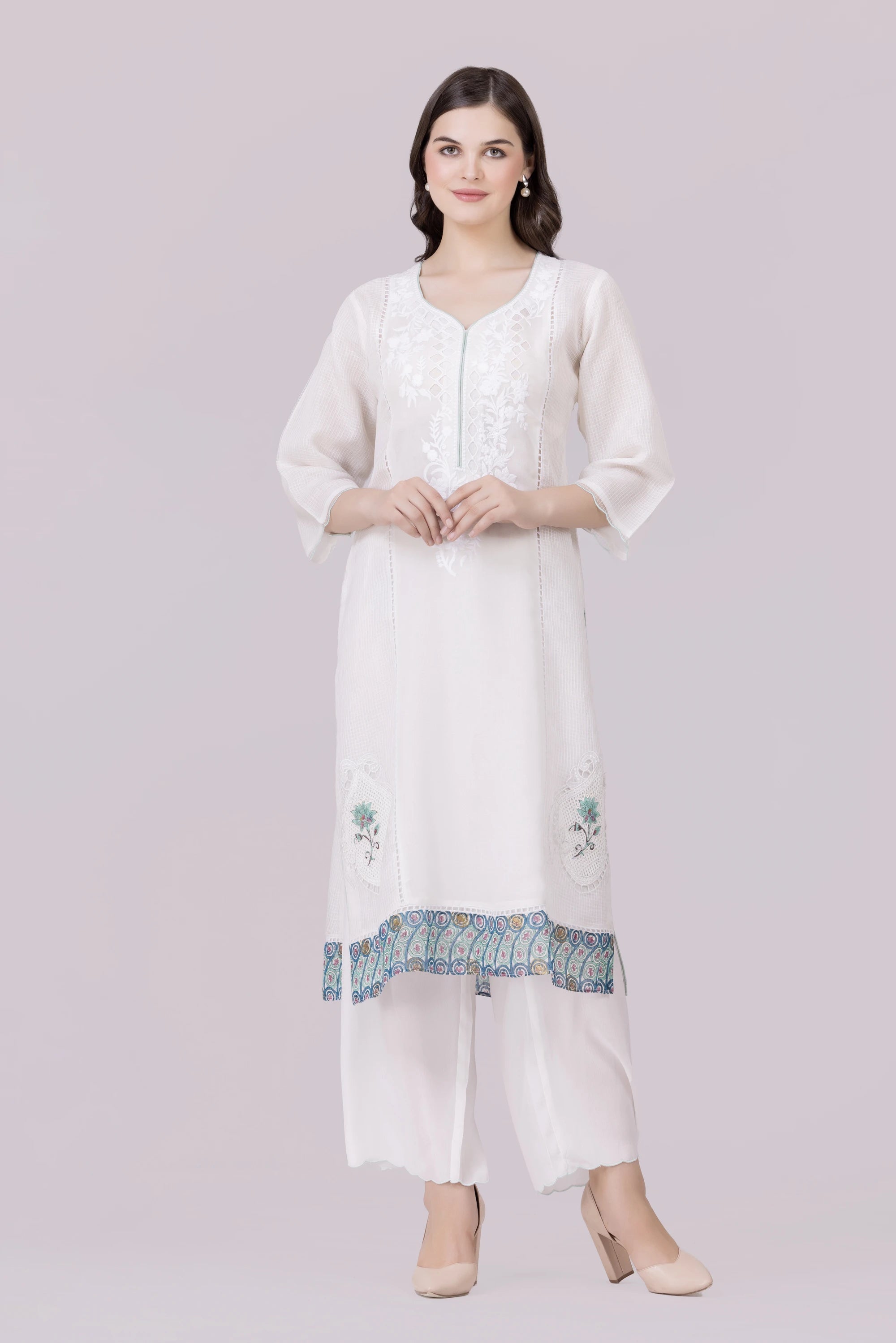 White-Whisper/Aqua Lotus Print & Cutwork Embroidered Silk Georgette-Organza Check Kurta, Palazzo And Dupatta Set