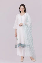 White-Whisper/Aqua Lotus Print & Cutwork Embroidered Silk Georgette-Organza Check Kurta, Palazzo And Dupatta Set