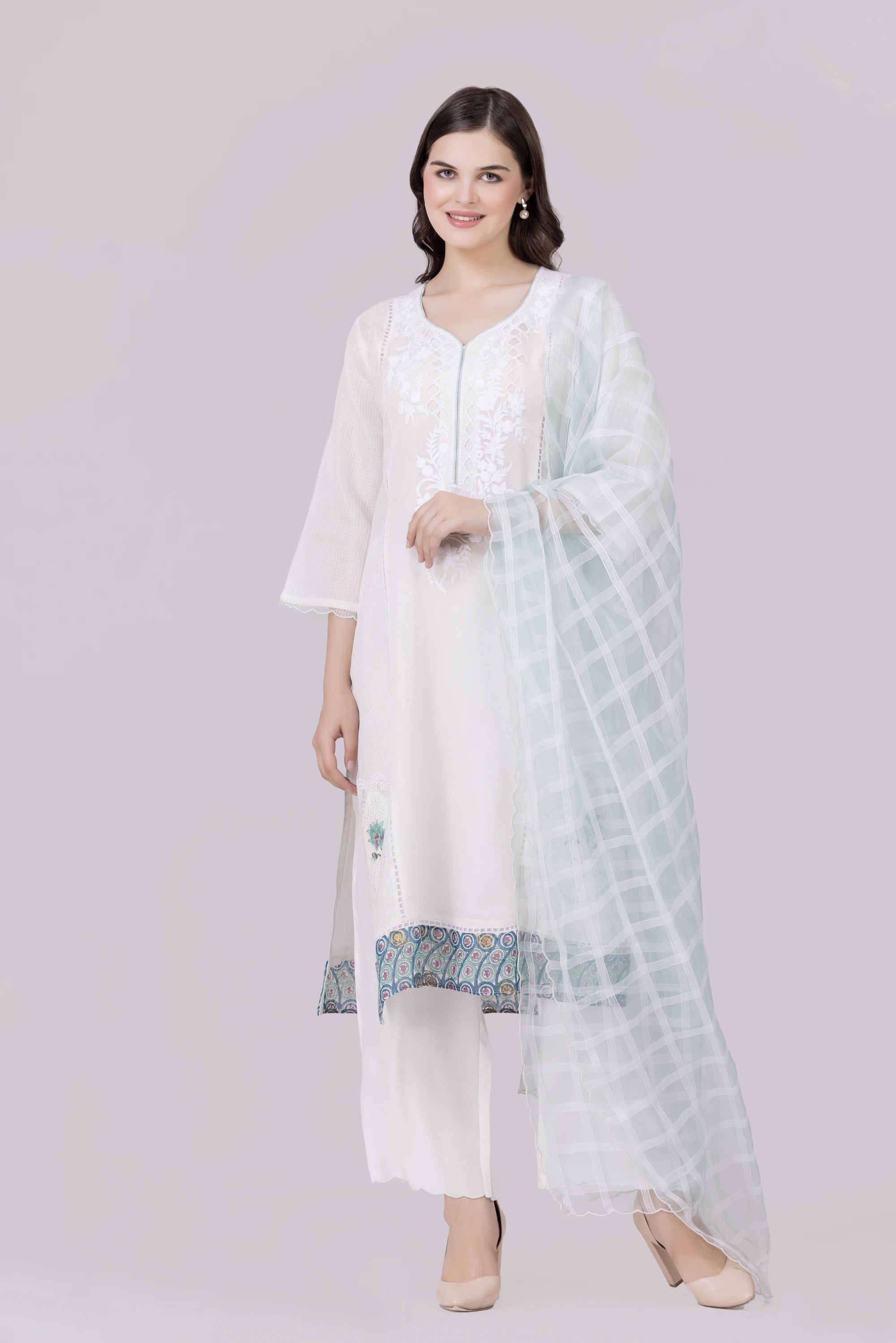 White-Whisper/Aqua Lotus Print & Cutwork Embroidered Silk Georgette-Organza Check Kurta, Palazzo And Dupatta Set