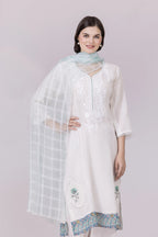 White-Whisper/Aqua Lotus Print & Cutwork Embroidered Silk Georgette-Organza Check Kurta, Palazzo And Dupatta Set
