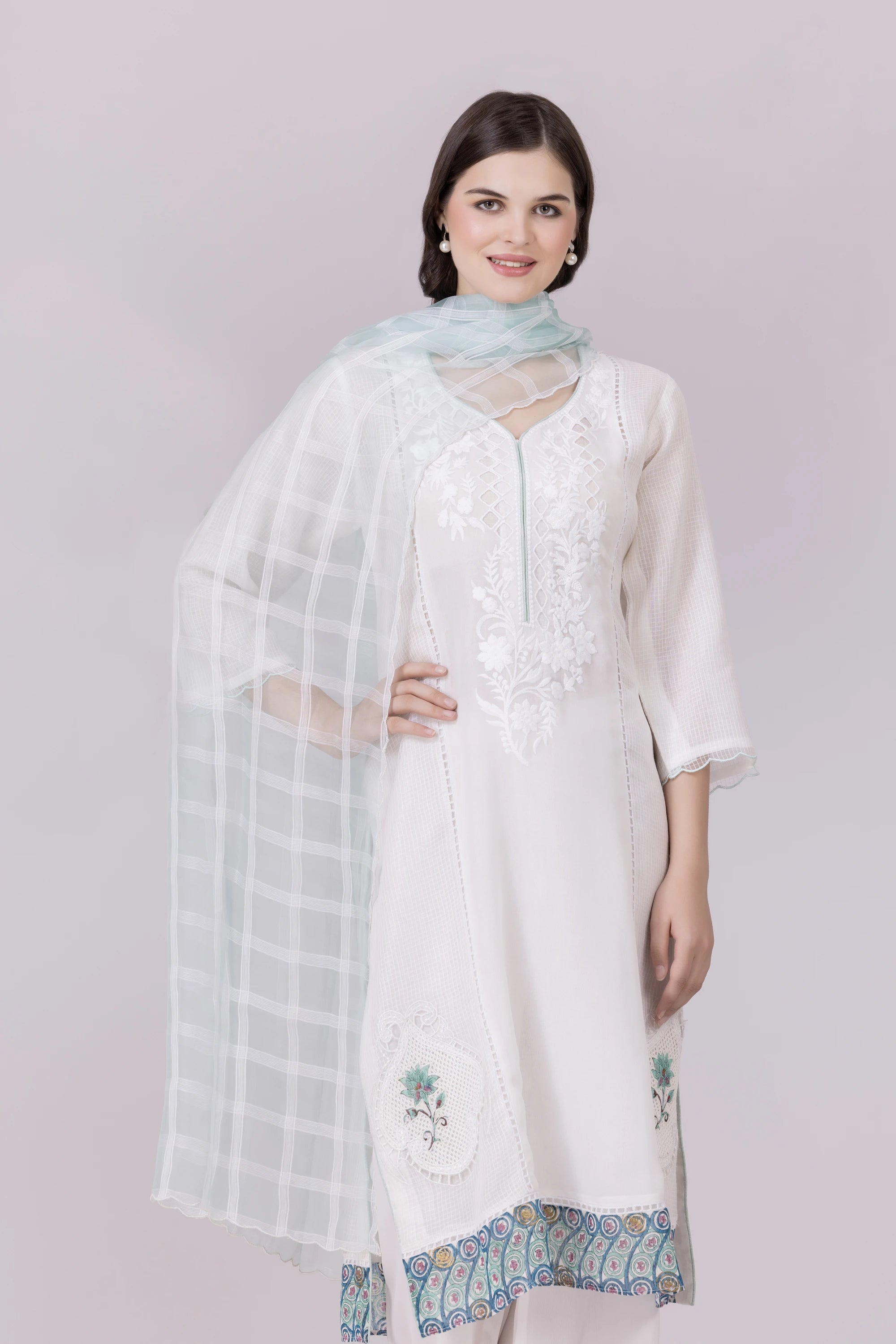 White-Whisper/Aqua Lotus Print & Cutwork Embroidered Silk Georgette-Organza Check Kurta, Palazzo And Dupatta Set