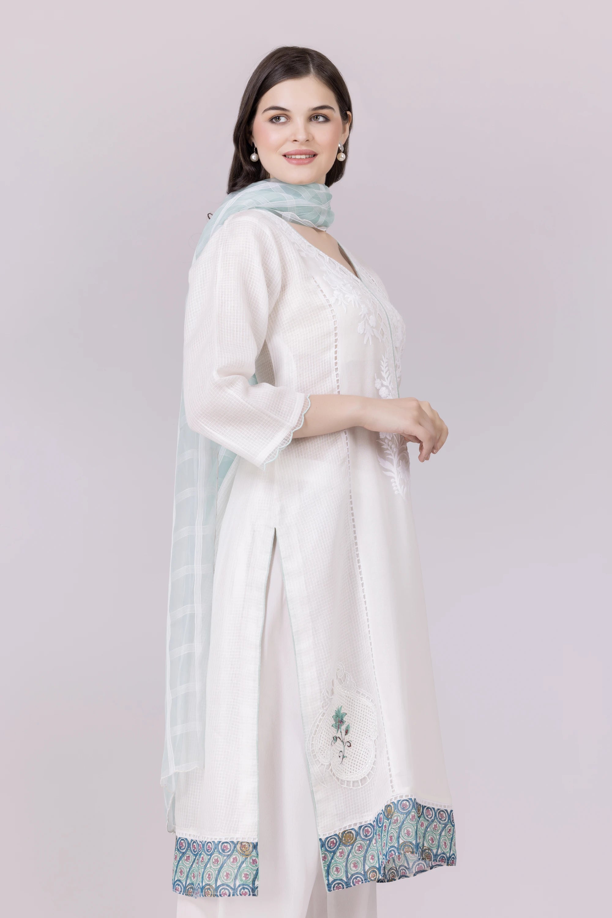 White-Whisper/Aqua Lotus Print & Cutwork Embroidered Silk Georgette-Organza Check Kurta, Palazzo And Dupatta Set