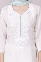 White-Whisper/Aqua Lotus Print & Cutwork Embroidered Silk Georgette-Organza Check Kurta, Palazzo And Dupatta Set