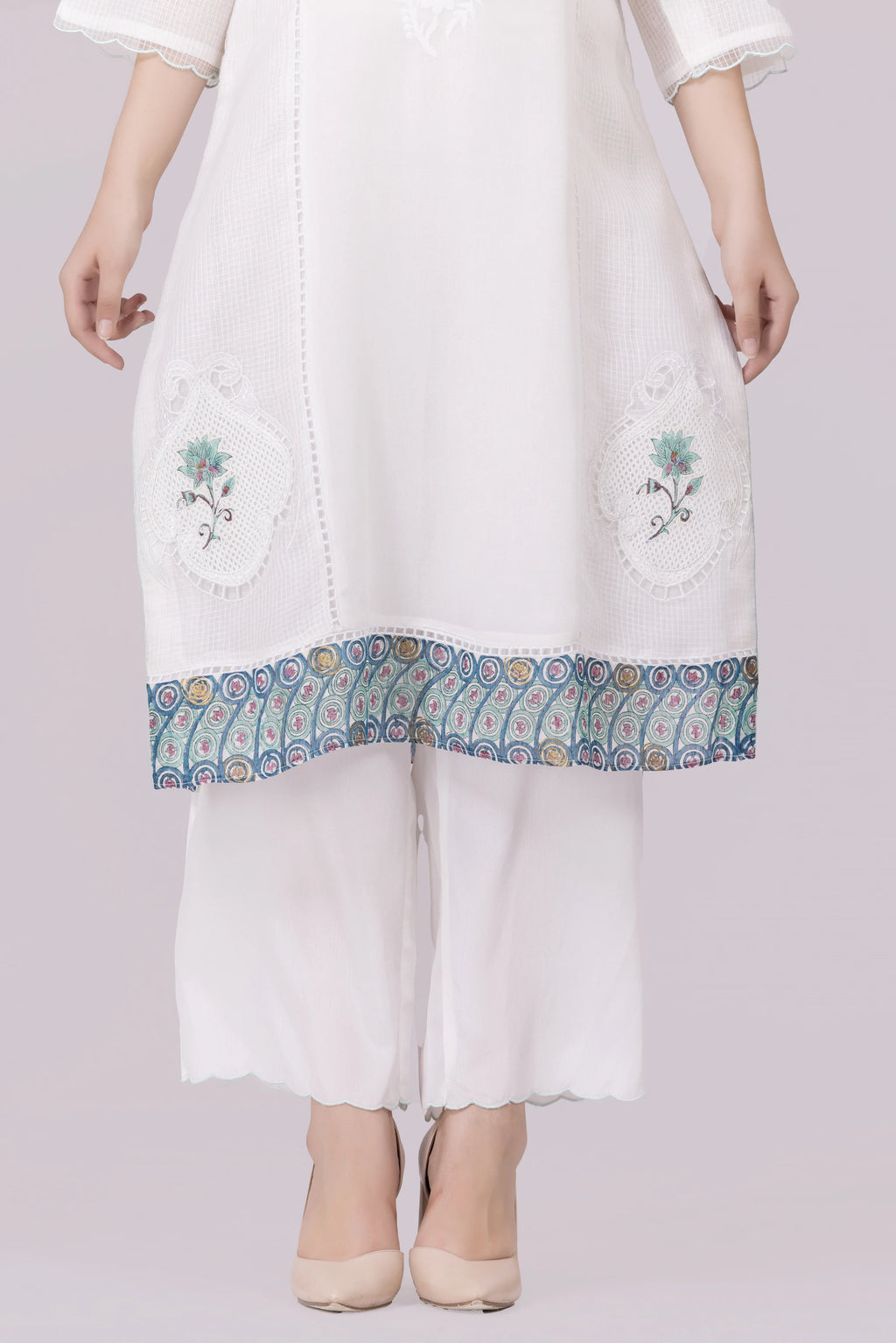 White-Whisper/Aqua Lotus Print & Cutwork Embroidered Silk Georgette-Organza Check Kurta, Palazzo And Dupatta Set