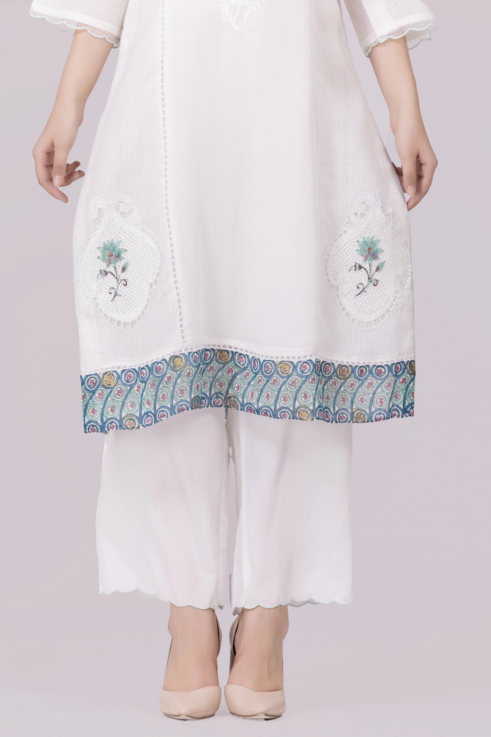 White-Whisper/Aqua Lotus Print & Cutwork Embroidered Silk Georgette-Organza Check Kurta, Palazzo And Dupatta Set