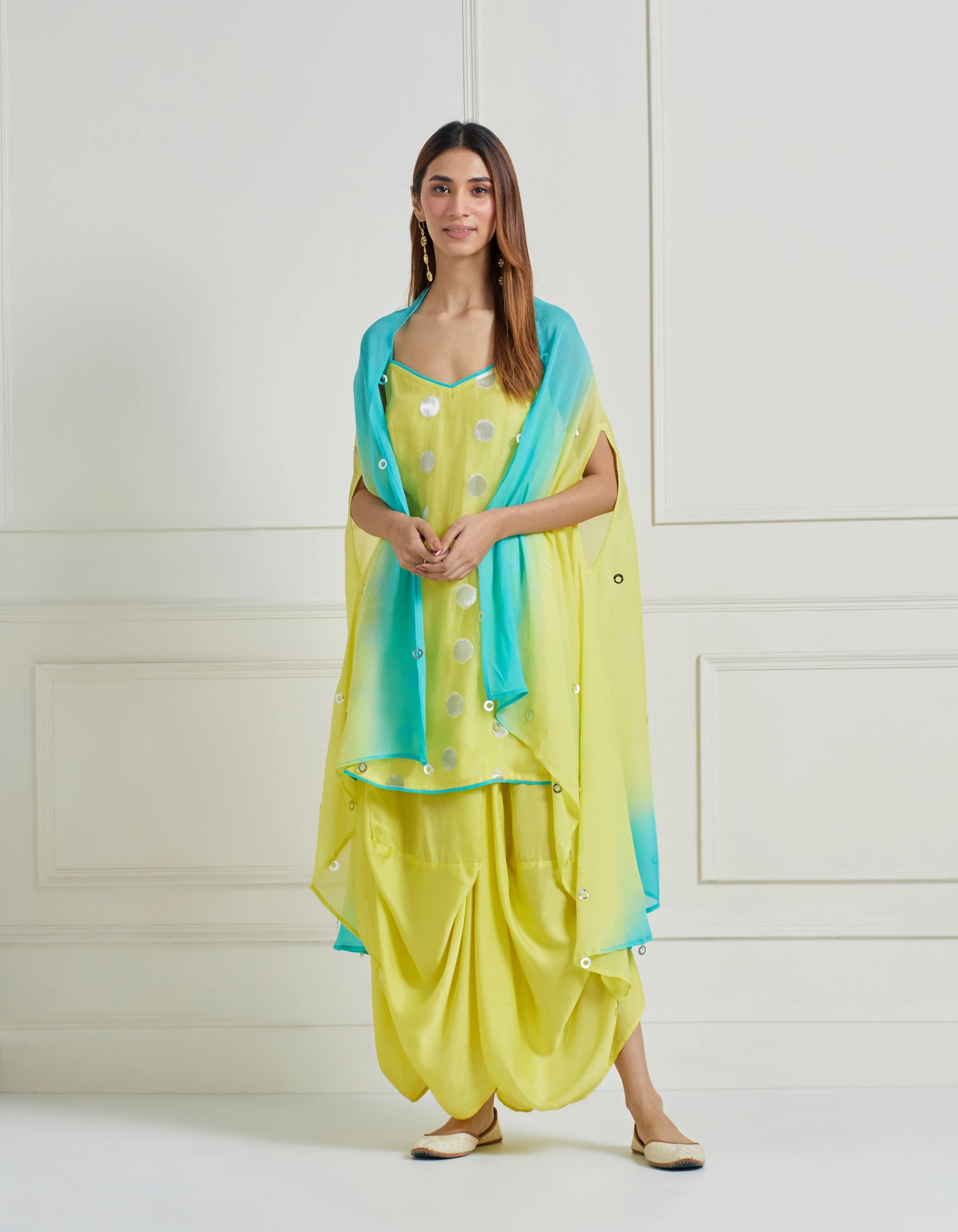 Spagetti Strap Kurta With Draped Dhoti Skirt And Cape Jacket