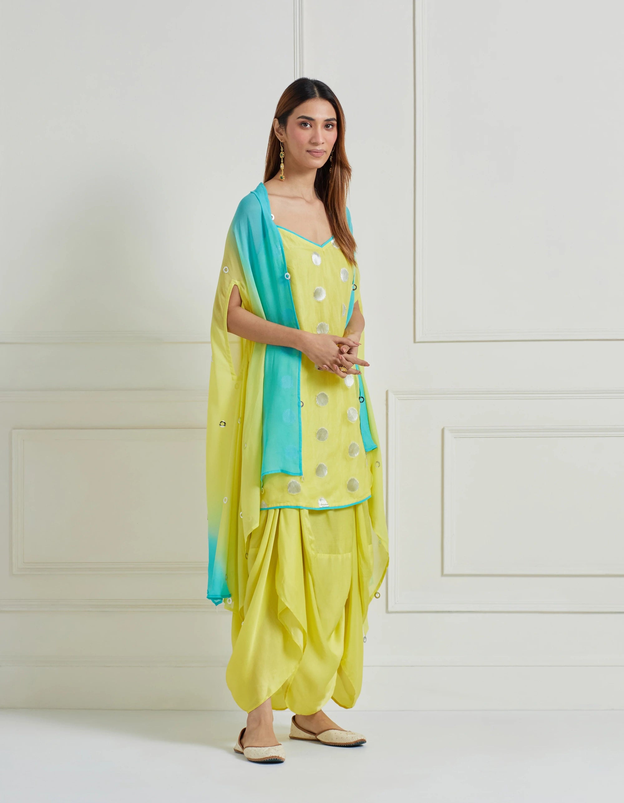 Spagetti Strap Kurta With Draped Dhoti Skirt And Cape Jacket