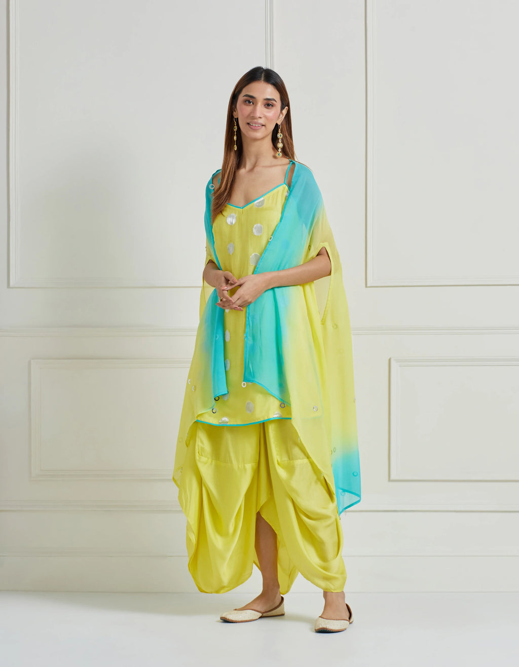 Spagetti Strap Kurta With Draped Dhoti Skirt And Cape Jacket