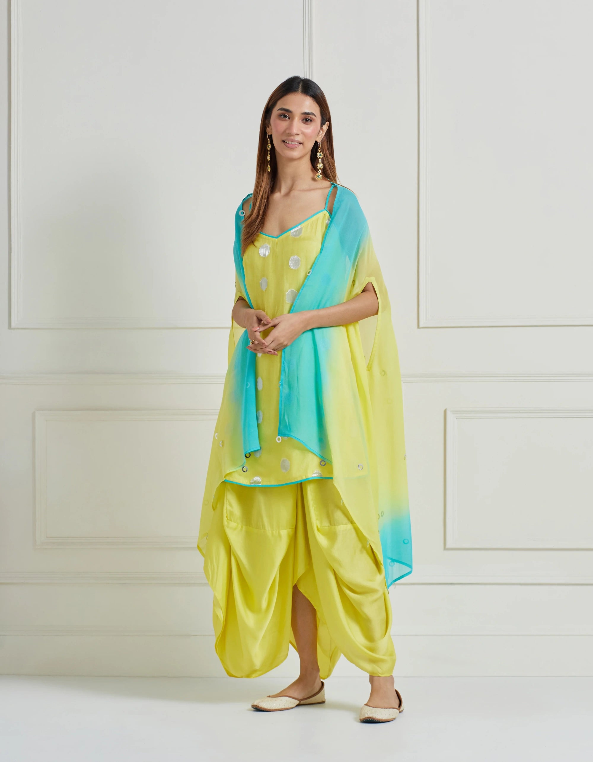 Spagetti Strap Kurta With Draped Dhoti Skirt And Cape Jacket