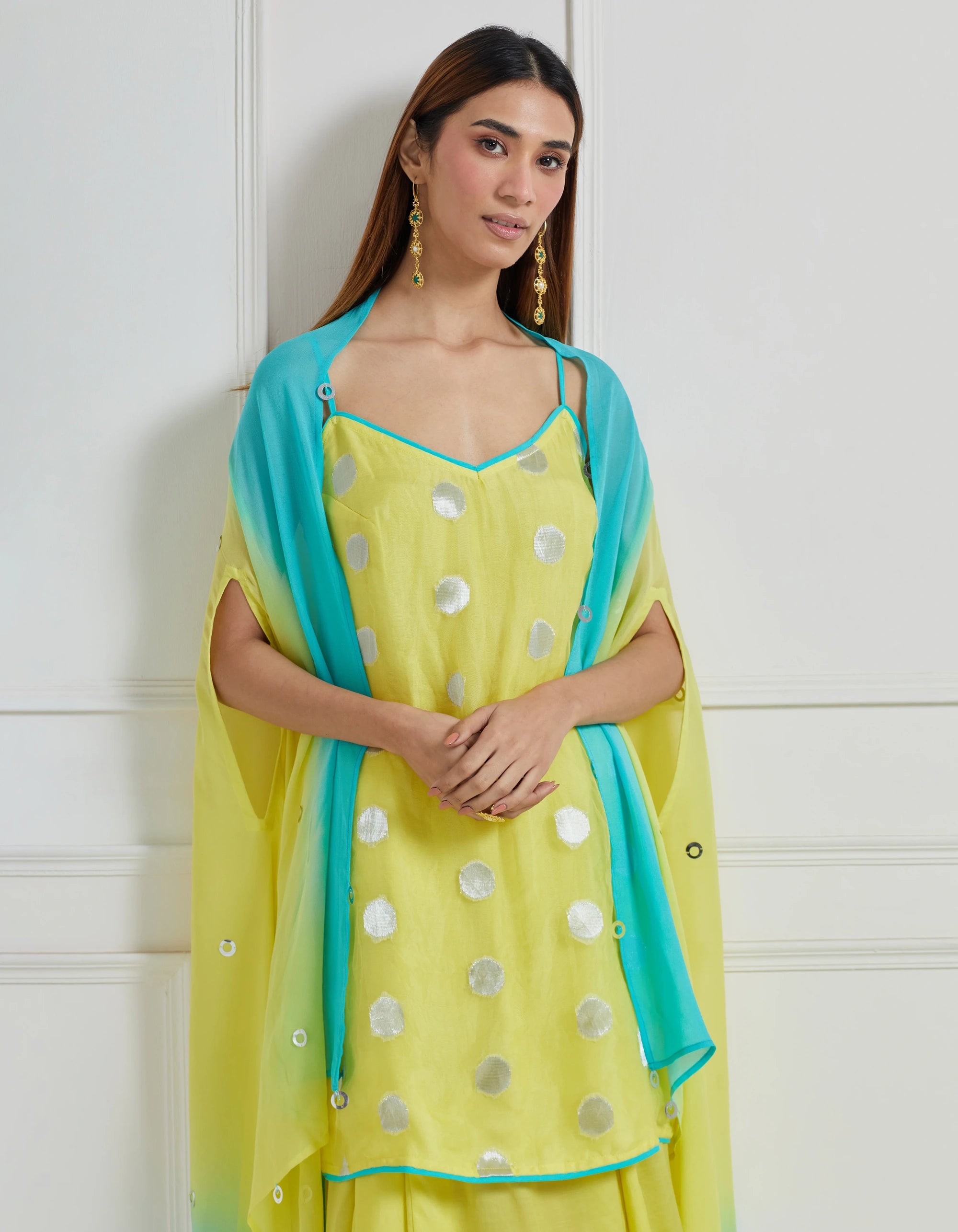 Spagetti Strap Kurta With Draped Dhoti Skirt And Cape Jacket