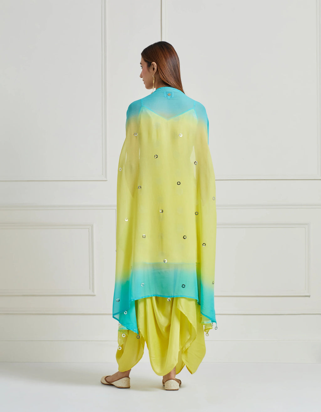 Spagetti Strap Kurta With Draped Dhoti Skirt And Cape Jacket