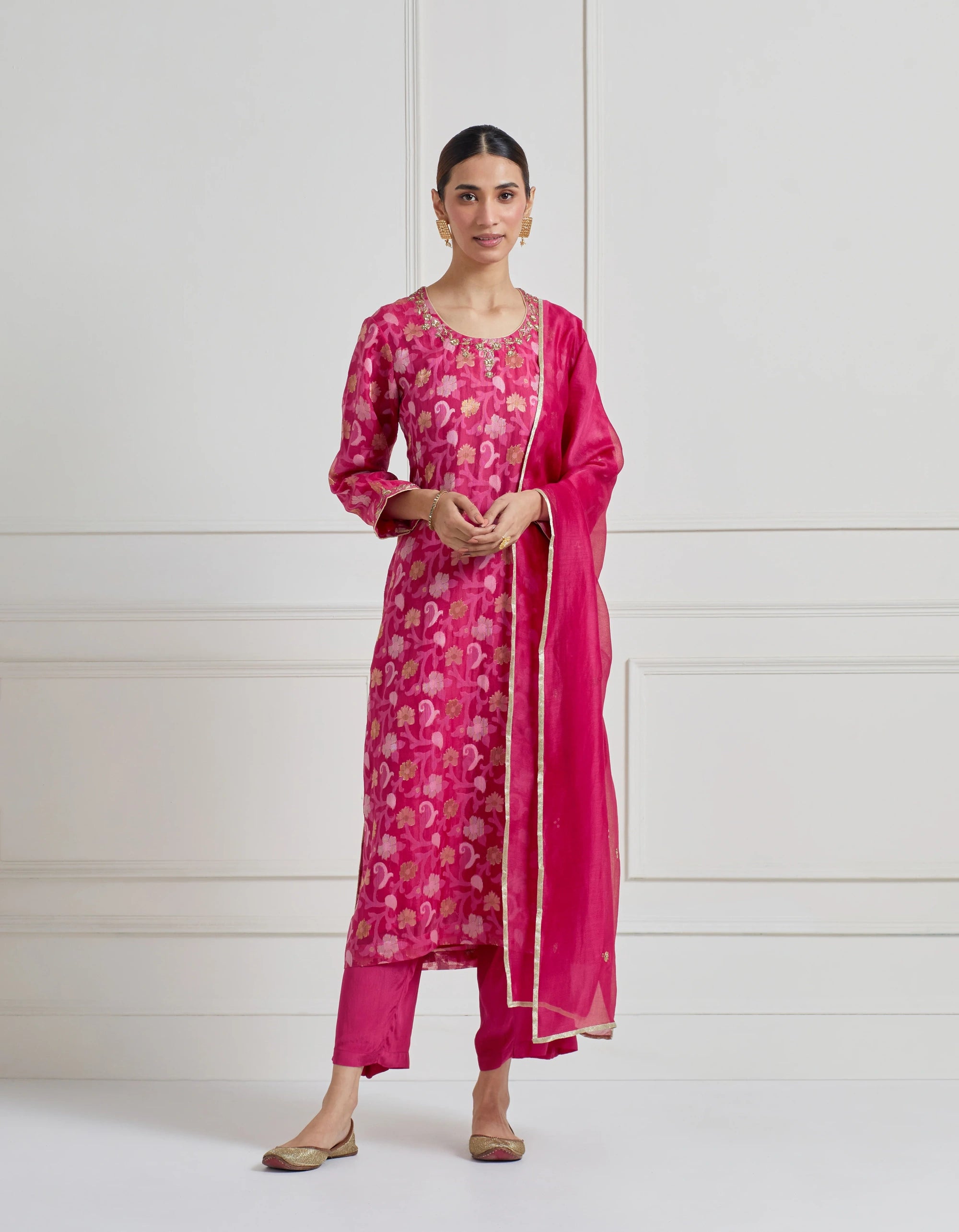 Indian Rose Pink Vintage Banarasi Cutwork Kurta Set