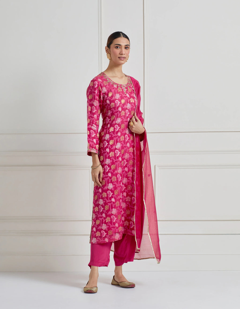 Indian Rose Pink Vintage Banarasi Cutwork Kurta Set