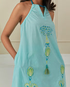 Aquamarine Dancing Peacock Halter Neck Cord Set Of 2