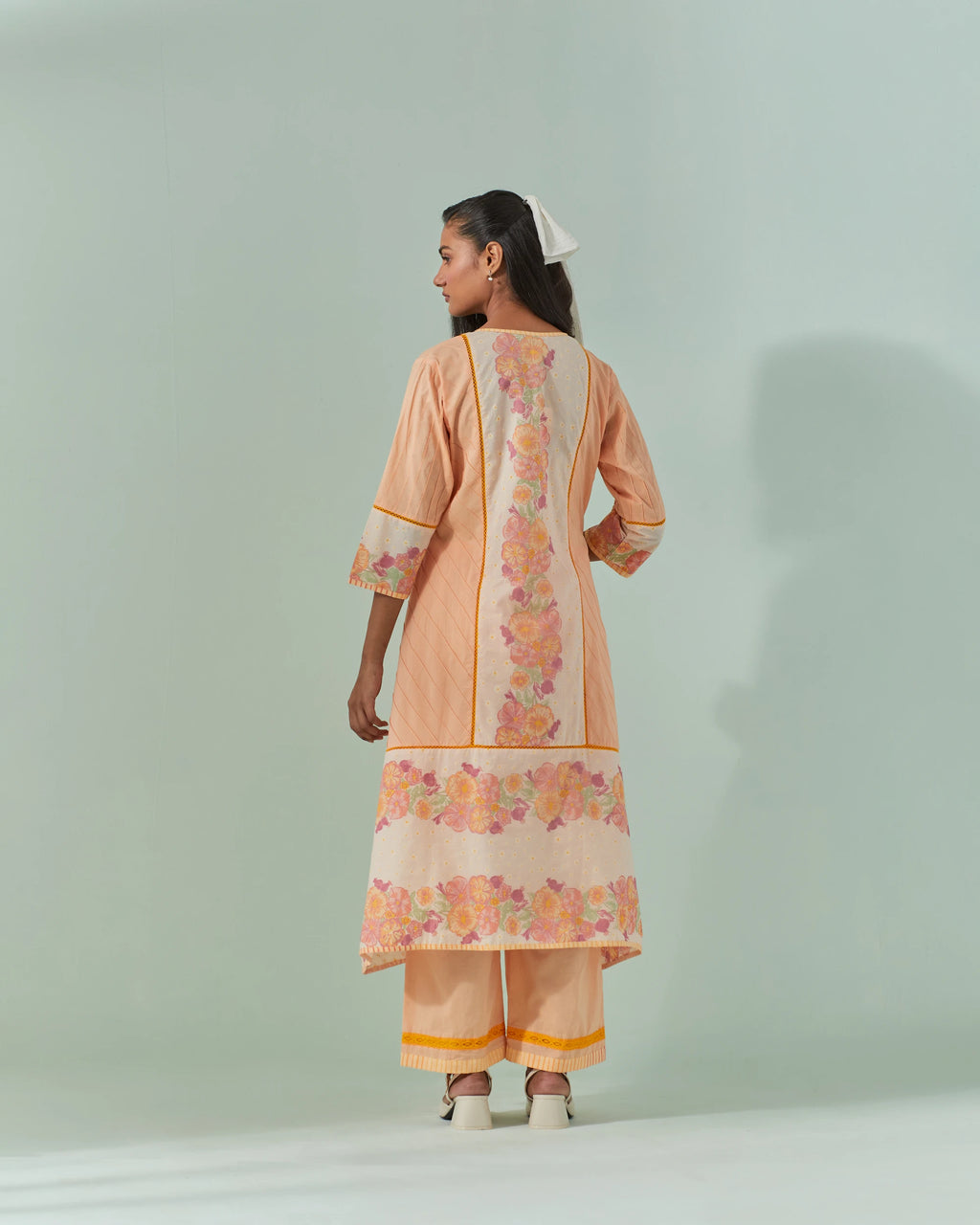 Peach Fuzz And Saffron Samod Bagh, Pintuck Kurta Set