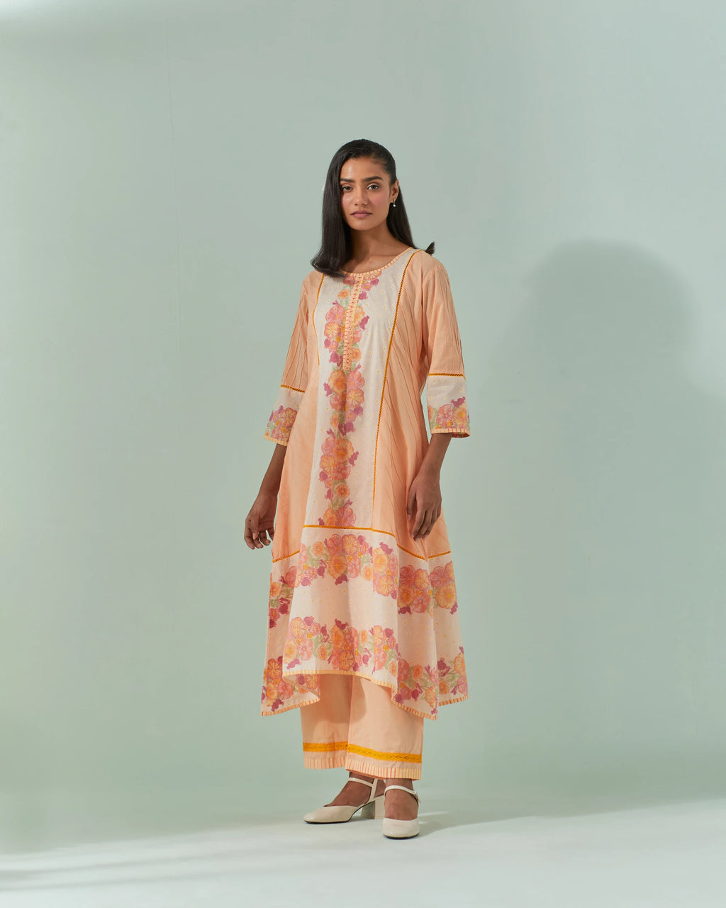 Peach Fuzz And Saffron Samod Bagh, Pintuck Kurta Set