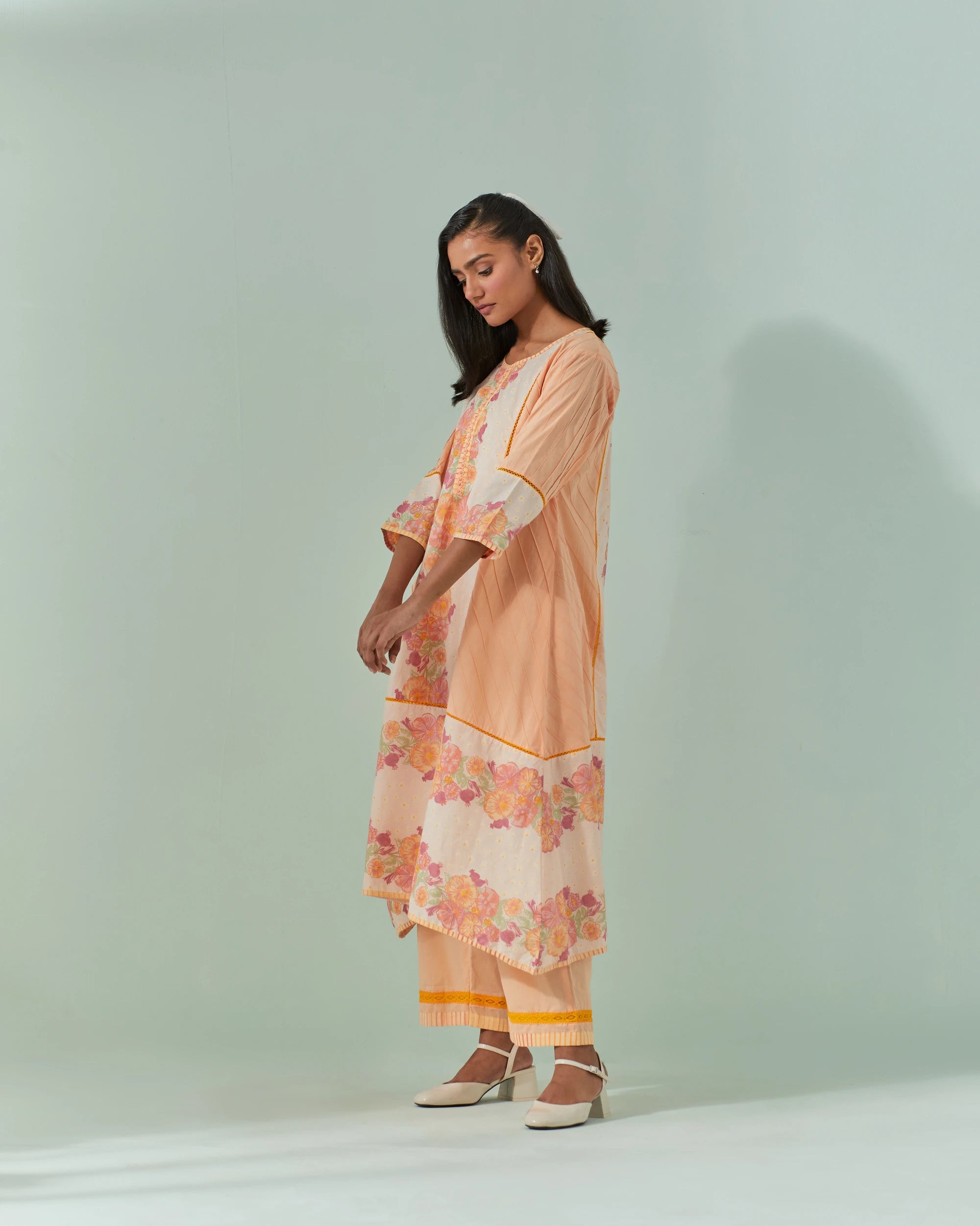 Peach Fuzz And Saffron Samod Bagh, Pintuck Kurta Set