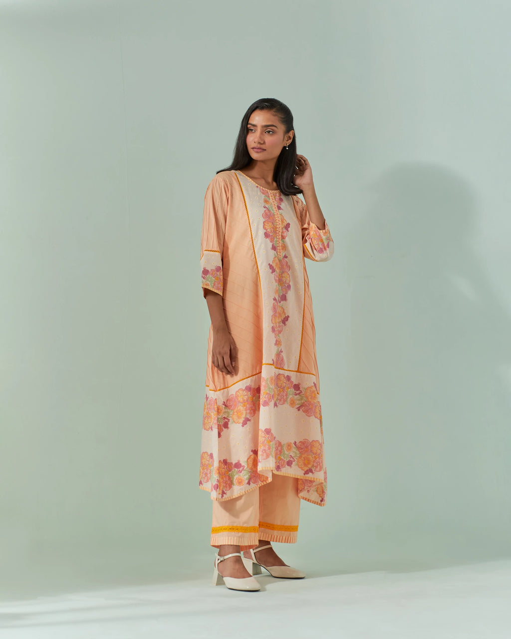 Peach Fuzz And Saffron Samod Bagh, Pintuck Kurta Set