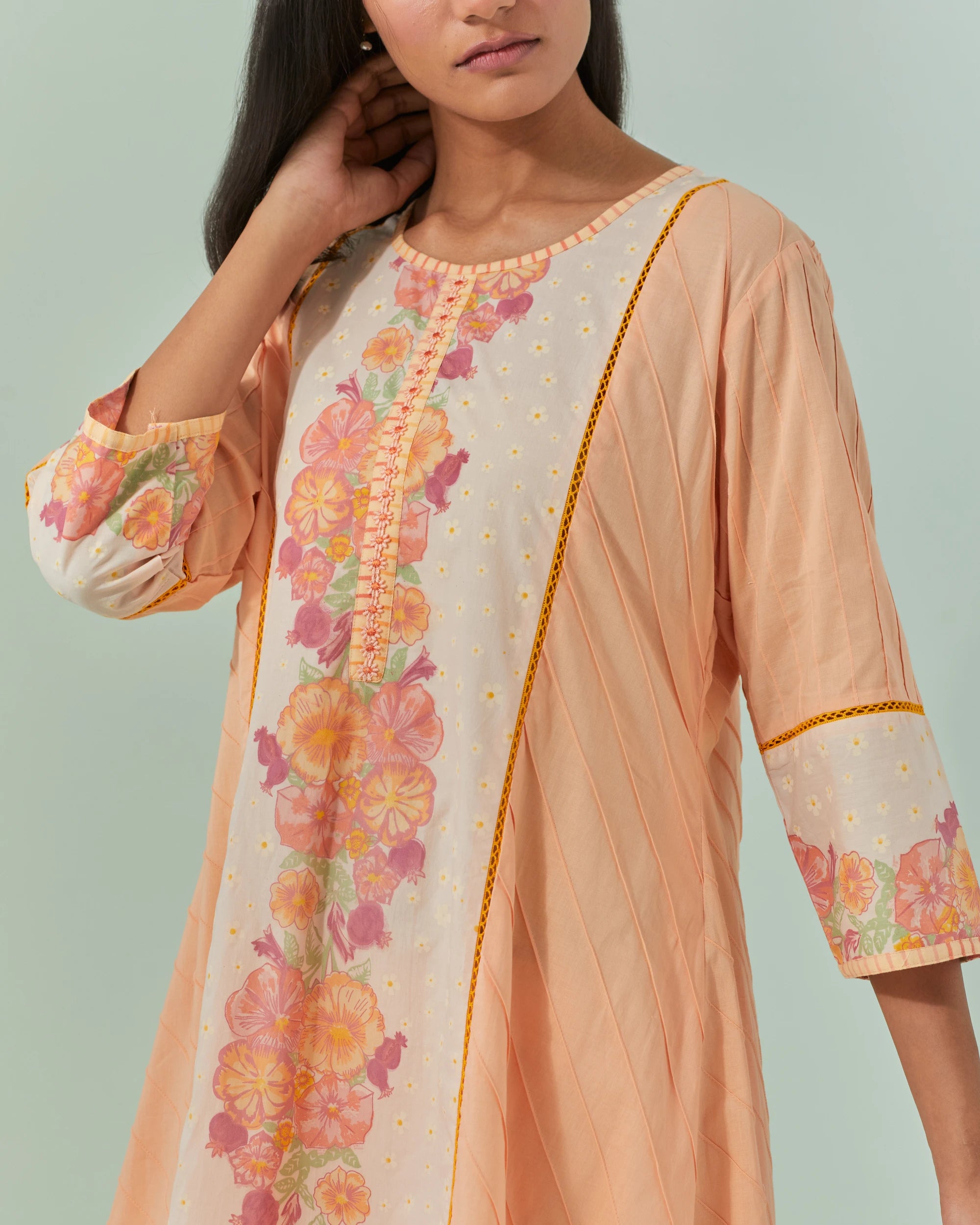 Peach Fuzz And Saffron Samod Bagh, Pintuck Kurta Set