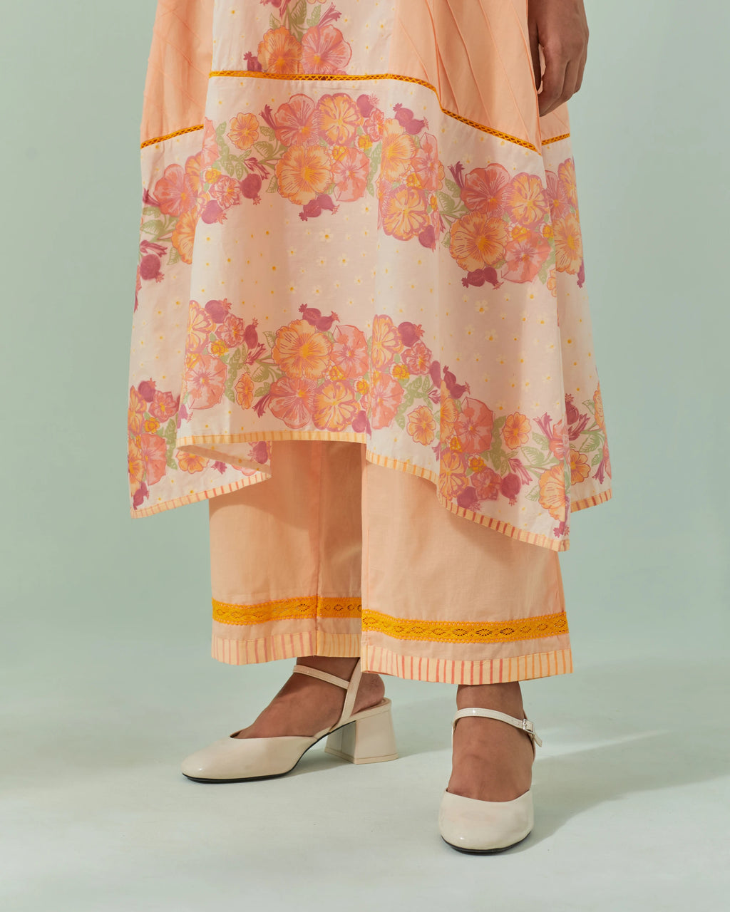Peach Fuzz And Saffron Samod Bagh, Pintuck Kurta Set
