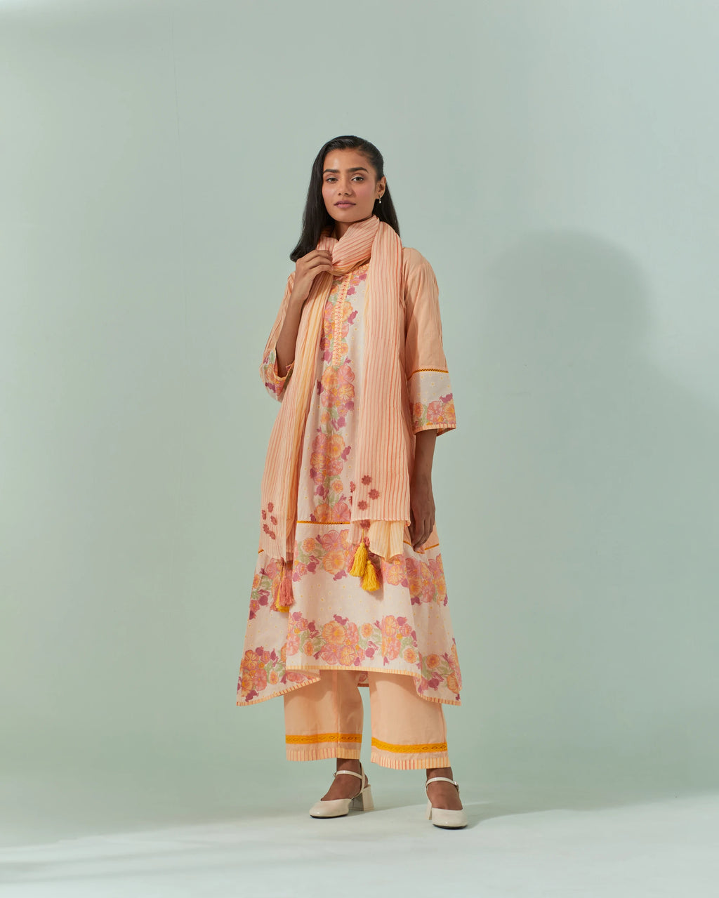 Peach Fuzz And Saffron Samod Bagh, Pintuck Kurta Set