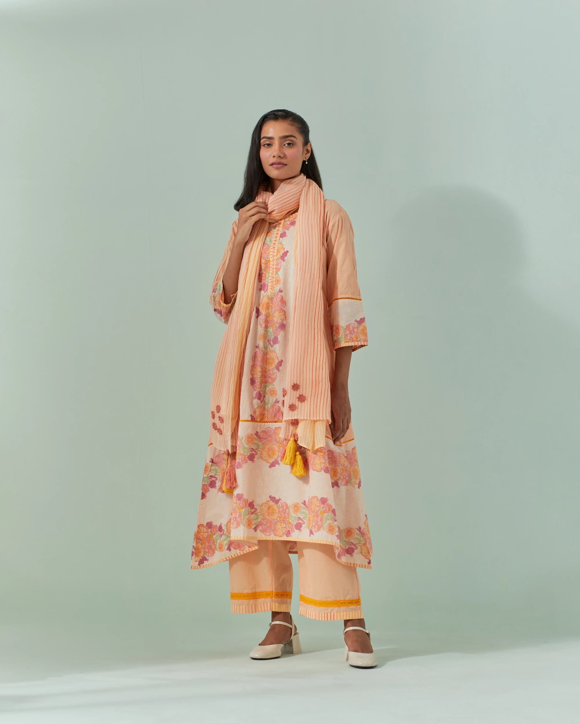 Peach Fuzz And Saffron Samod Bagh, Pintuck Kurta Set