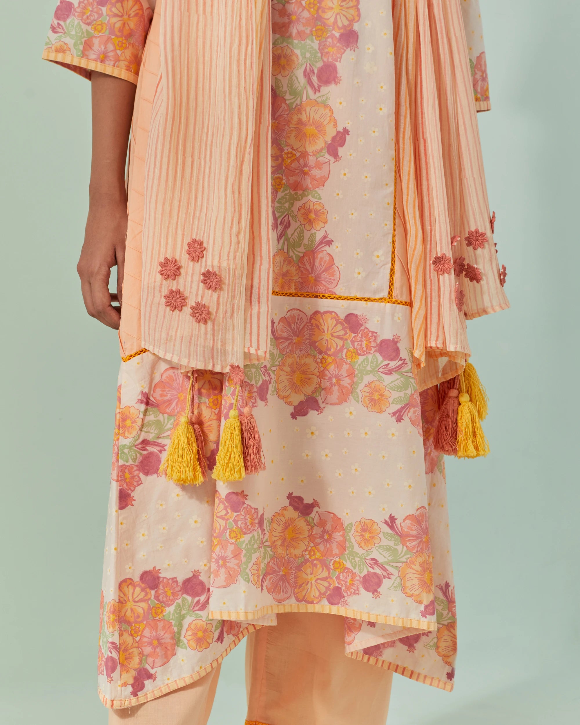 Peach Fuzz And Saffron Samod Bagh, Pintuck Kurta Set