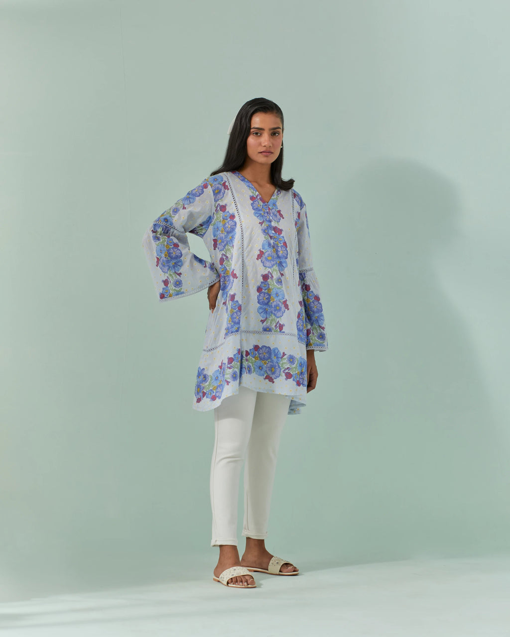Cornflower Blues, Samod Bagh Printed Y Neck Tunic