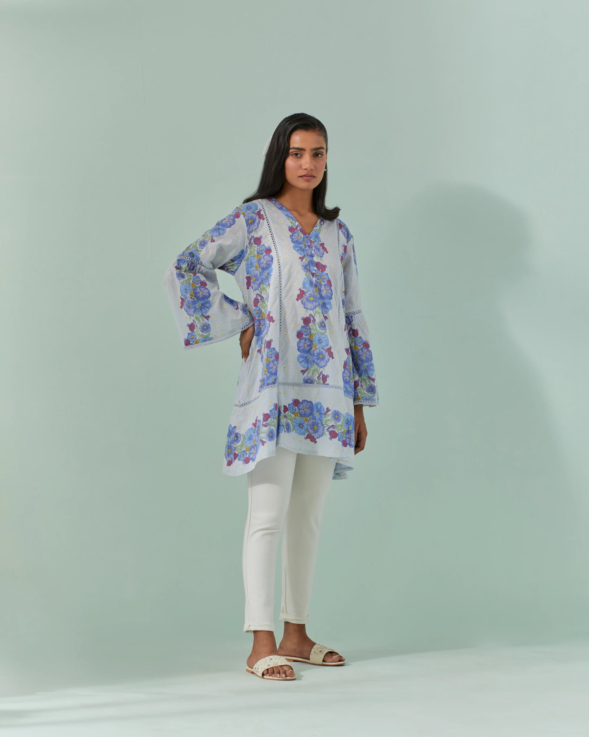 Cornflower Blues, Samod Bagh Printed Y Neck Tunic