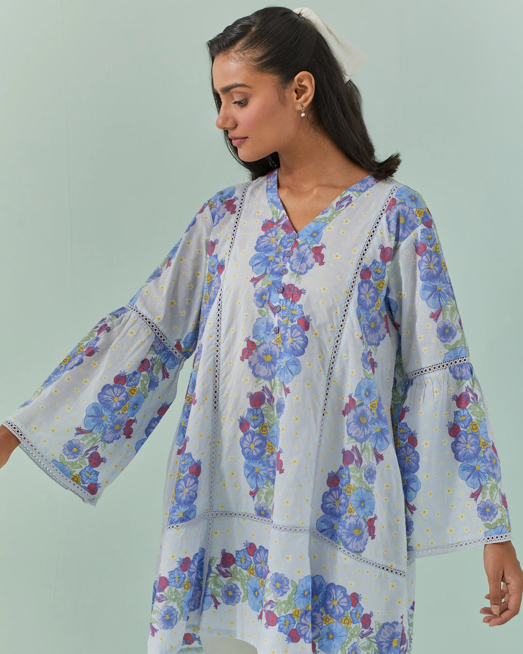 Cornflower Blues, Samod Bagh Printed Y Neck Tunic