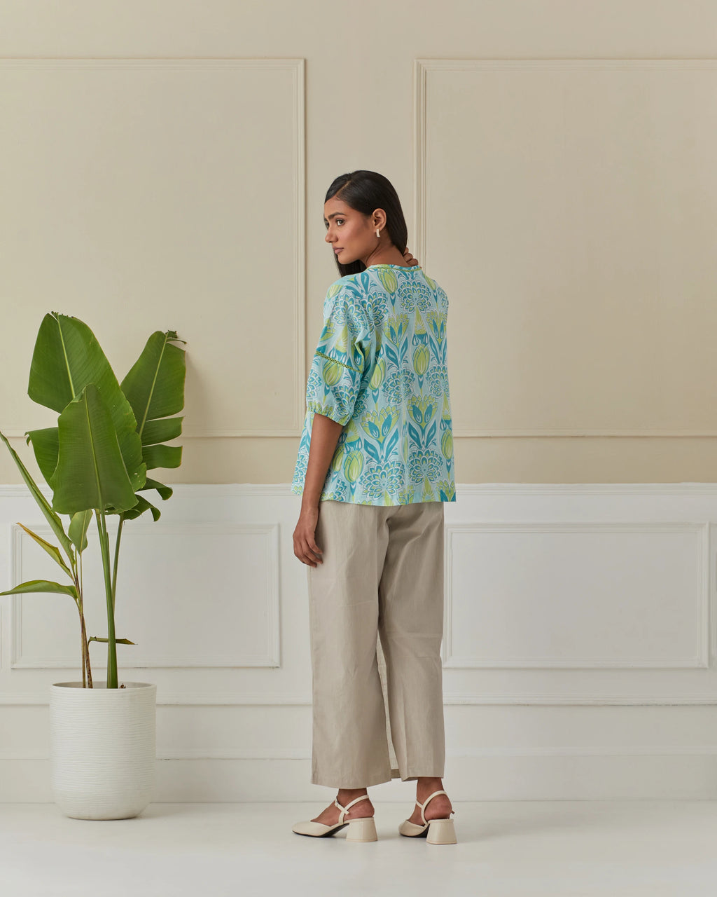Aqua And Lime Dancing Peacock Yoke Top
