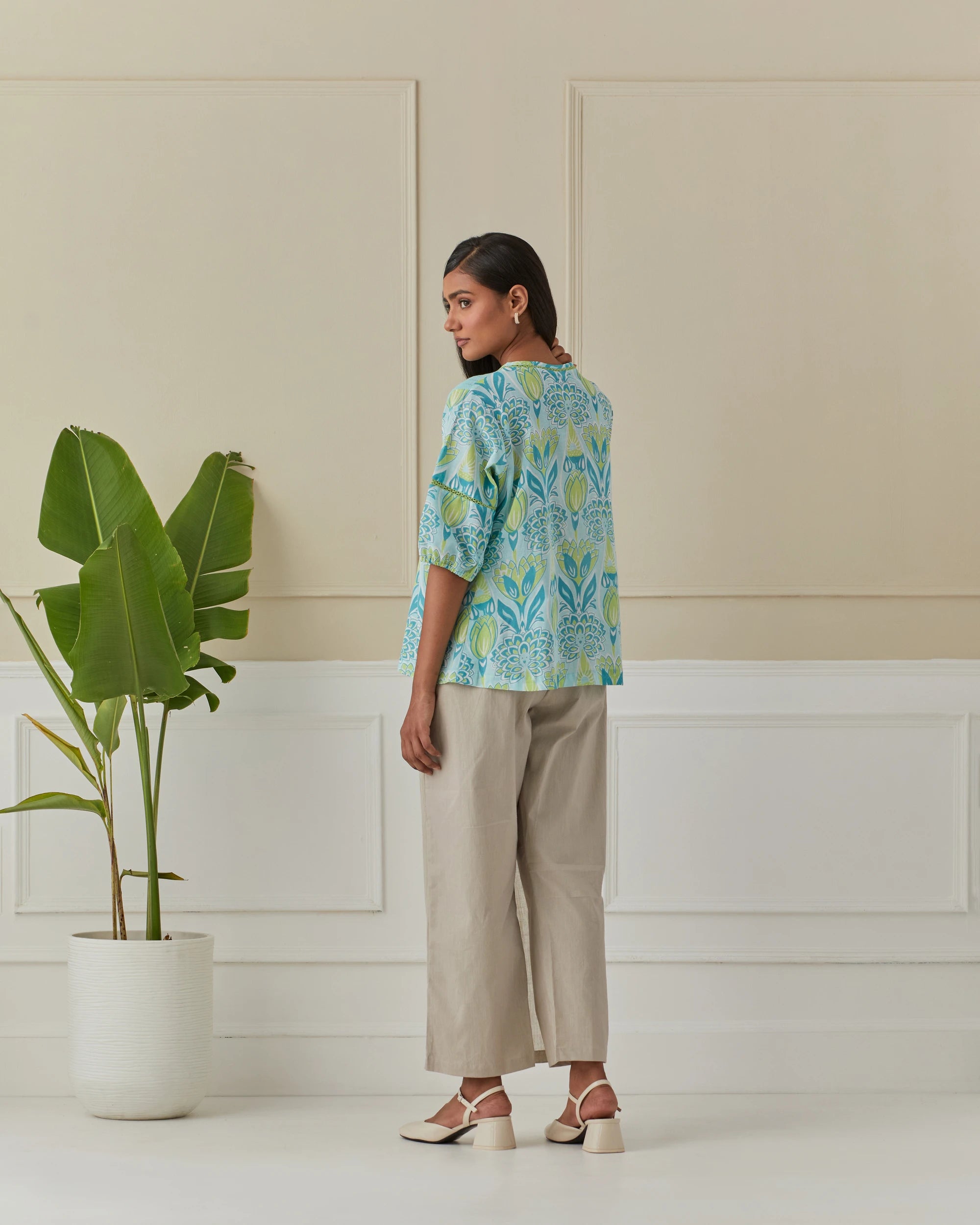 Aqua And Lime Dancing Peacock Yoke Top