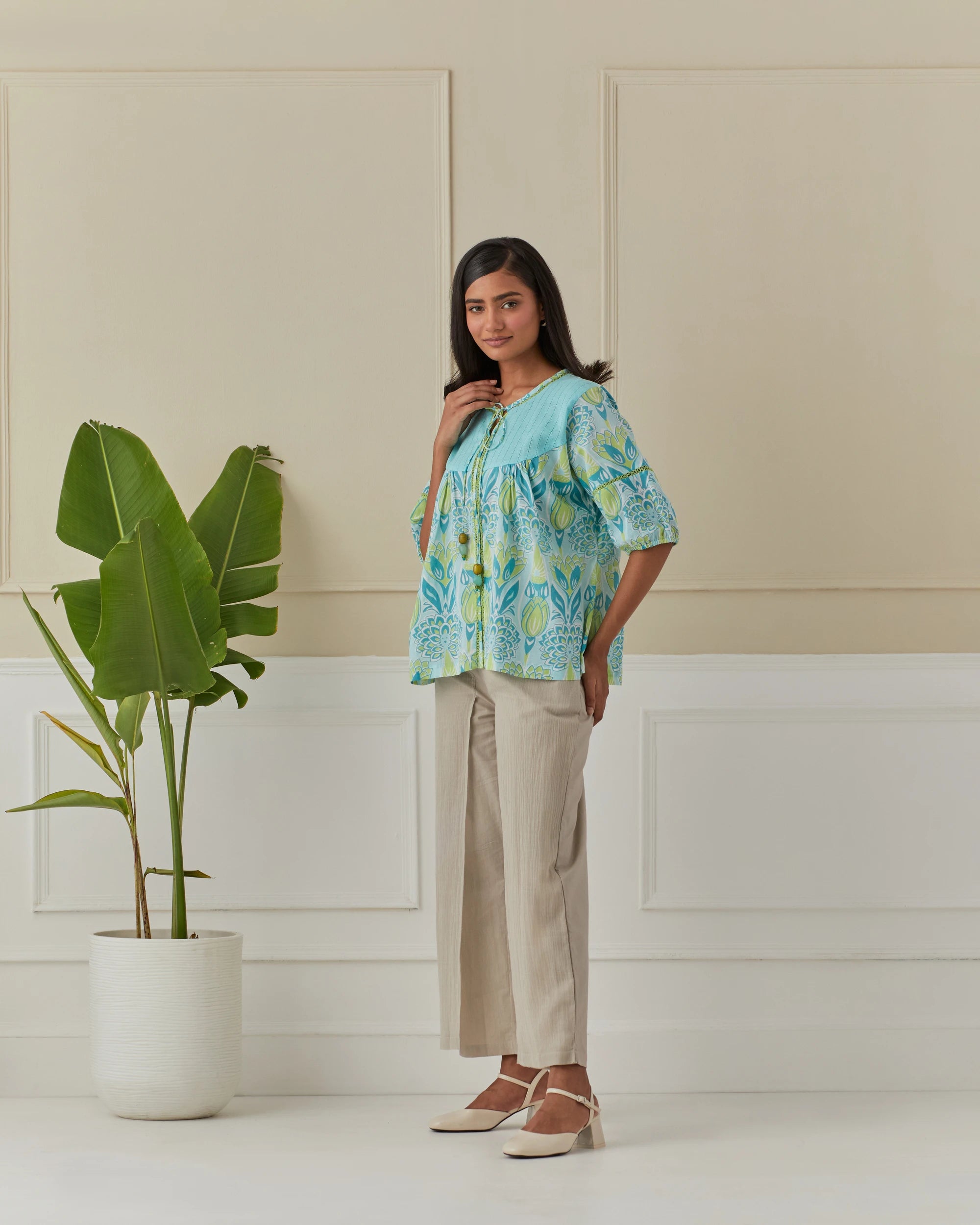Aqua And Lime Dancing Peacock Yoke Top
