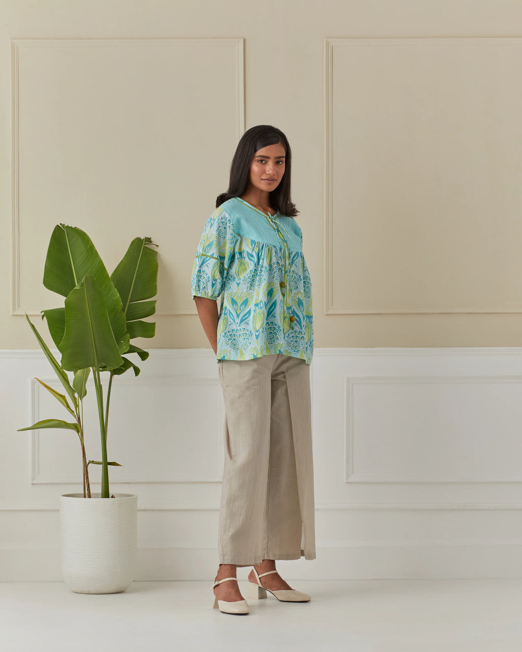 Aqua And Lime Dancing Peacock Yoke Top