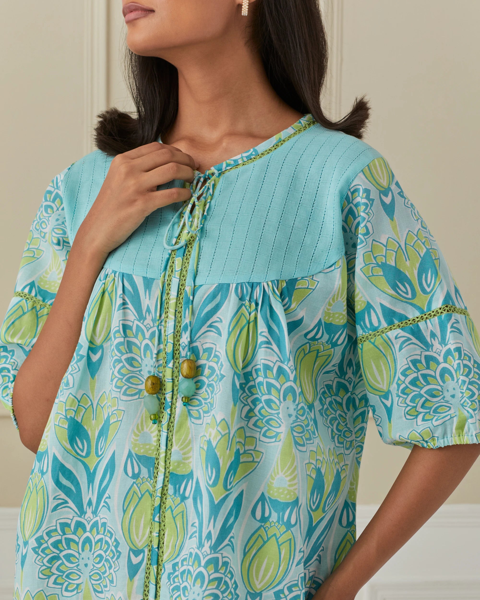 Aqua And Lime Dancing Peacock Yoke Top