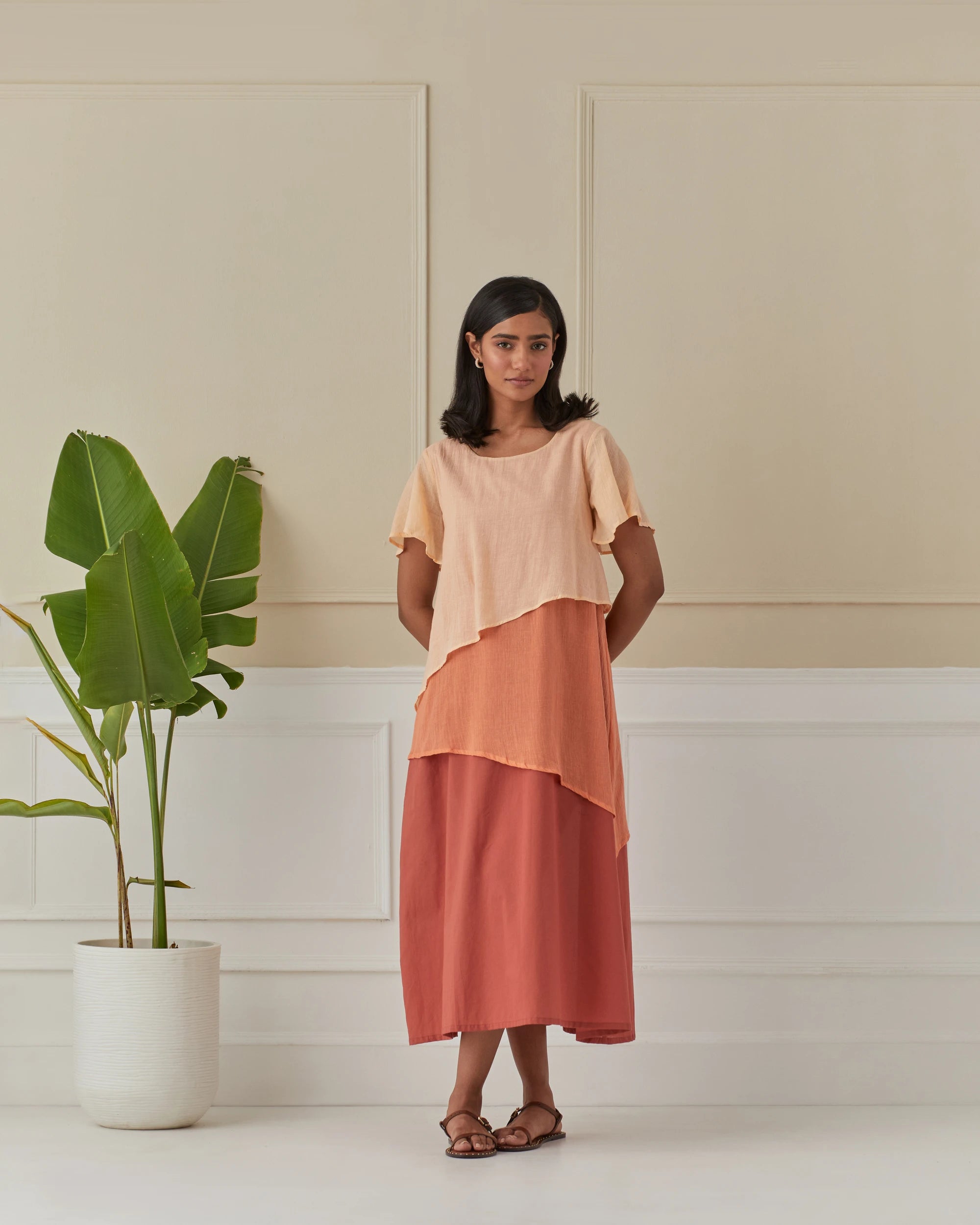 Apricot And Peach 3 Layered Mulmul Dress