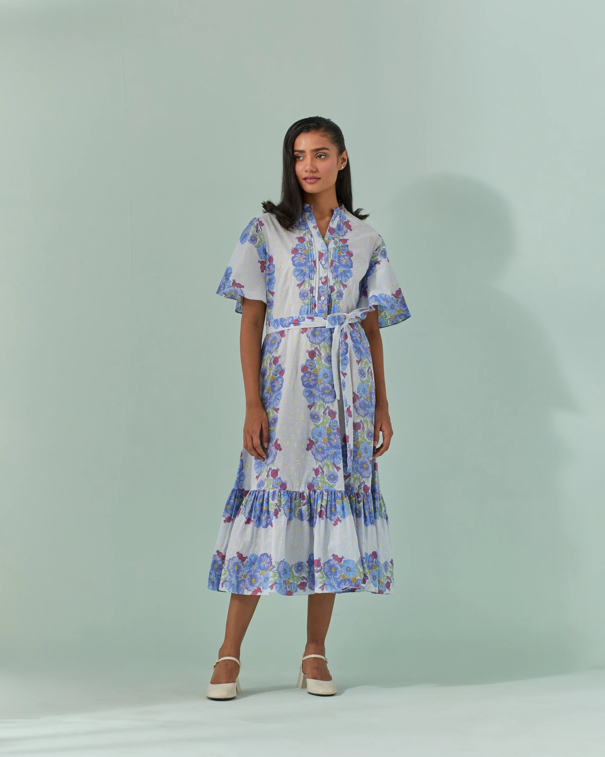 Cornflower Blues, Samod Bagh Long Pleated Yoke, Frill Dress