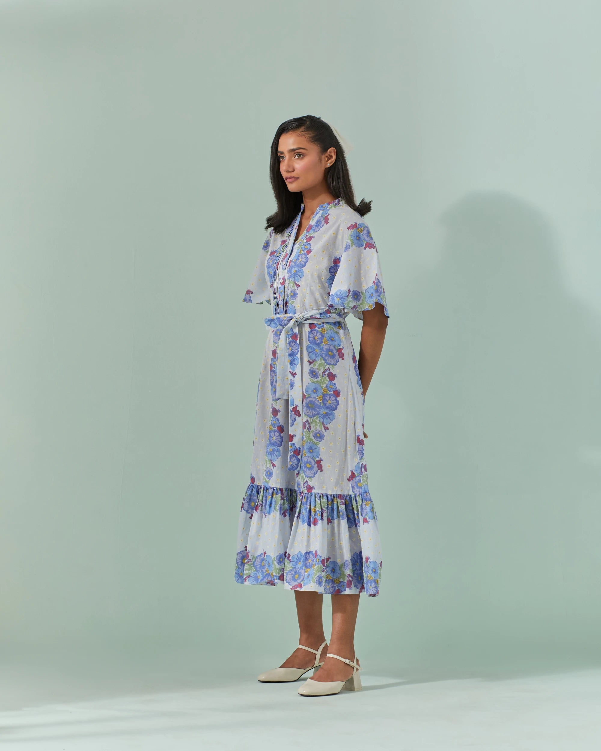 Cornflower Blues, Samod Bagh Long Pleated Yoke, Frill Dress