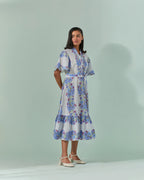 Cornflower Blues, Samod Bagh Long Pleated Yoke, Frill Dress