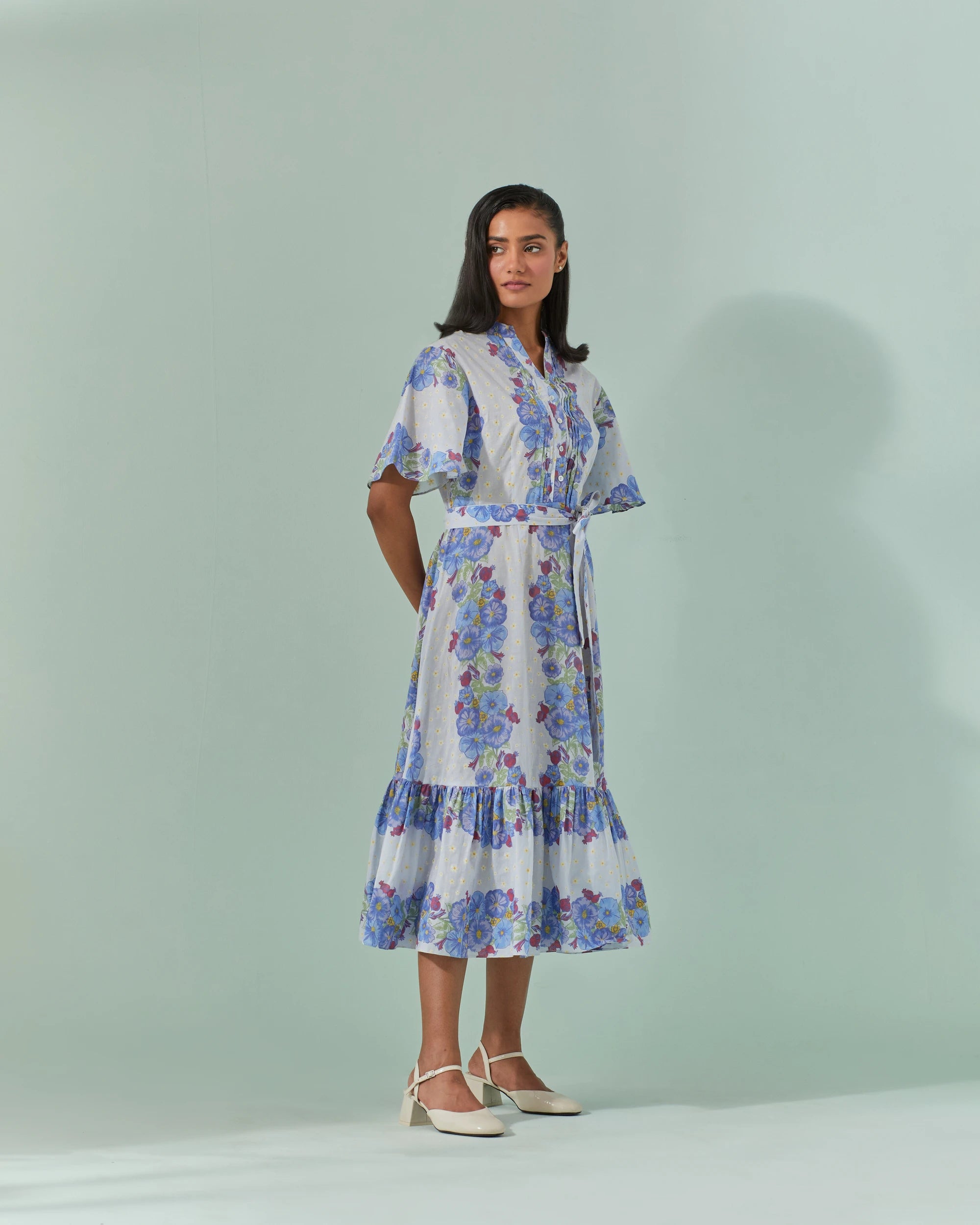 Cornflower Blues, Samod Bagh Long Pleated Yoke, Frill Dress